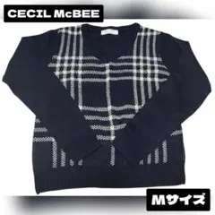 セシルマクビー　チェック柄Vネックニット　ネイビー　新品未使用