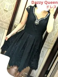 デイジー レース ビジュー ドレス 黒 フレア Aライン 結婚式 フォーマル