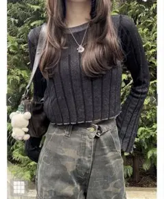 フレアスリーブラメシアーリブニット　トップス