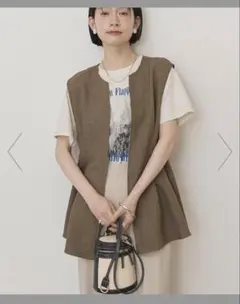 接触冷感 リネンライクペプラムベスト ブラウン Mのサムネイル