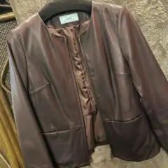 Zelal ブラウンレザージャケット ノーカラー