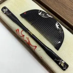 箱030508アンティーク　本鼈甲　黒甲　銀象嵌　花喰いどり　櫛　笄