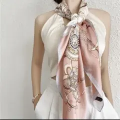 高級感 ピンク チェーン 大判 スカーフ へアバンド バッグチャーム