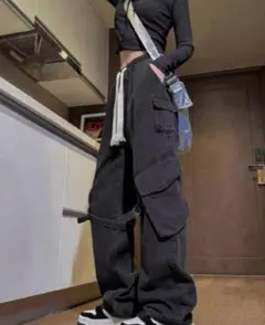 デニム　カーゴパンツ　サイドポケット　ベルト　ストリート　ワイド　ワークパンツ
