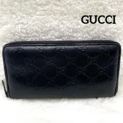美品 GUCCI 長財布 シマ ラウンドファスナー GG ゴールド ブラック