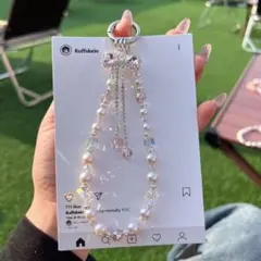 【リボンピンク】キラキラリボン♡パール×ビーズ スマホストラップ バッグチャーム