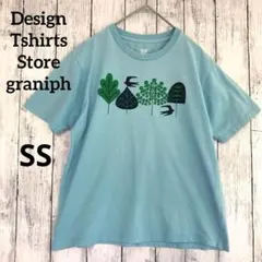 【グラニフ】クルーネック半袖Tシャツ　植物と鳥のグラフィック　水色SS