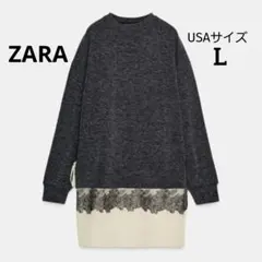 ZARA ザラ ソフトコントラストワンピース レース グレー L