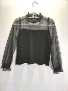 黒 シースルー ドット柄 フリル襟 長袖シャツ