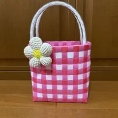 プラカゴバック　花付き　トートバック　PPバンド ハンドメイド　エコバック