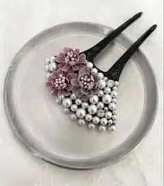 かんざし パール 二本挿し 藤色 バチ型 和装 髪飾り 着物 結婚式 入学式