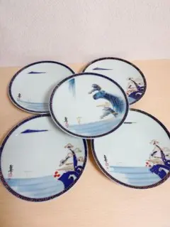 九谷焼 染付 金彩 山水画 大皿 25cm 5枚セット レトロ 長期保管品