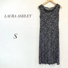 美品✨ローラアシュレイ　ドレープワンピース　袖なし　ブラック　花柄