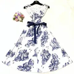 ★ 極美品レア　ローラアシュレイ　美シルエットワンピース　花　建物　鳥　刺繍　L