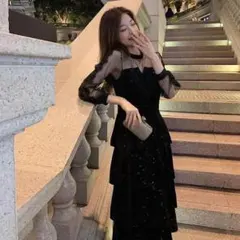 結婚式　パーティーにぴったり！ひざ丈レースドットフリルワンピース Sサイズ