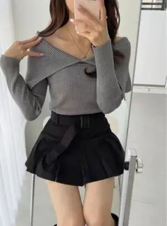 GRL ビッグカラーオフショルダーニットトップス グレー