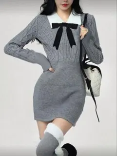 グレー ケーブルニット ワンピース リボン付き