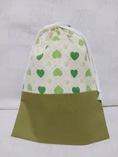 片手紐巾着　体操着袋などに 33×24 みどりハート&ウグイス　　c10