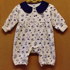 ツーウェイドレスオール 70cm　長袖　青の花柄 襟付き 秋冬