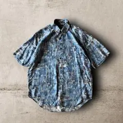 vintageシルクシャツ半袖総柄アートデザインシルク100%