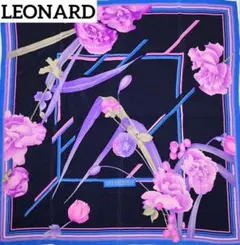 LEONARD レオナール スカーフ 大判 花柄 シルク ネイビー ブルー.