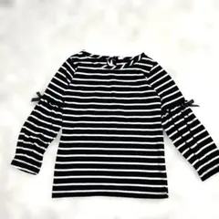 長袖カットソー 100cm 黒白ストライプ袖にリボン