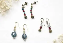 チェコファイヤポリッシュ×スワロフスキー ハンドメイドピアス 3点セット