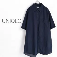 【ユニクロ】コットンリネンシャツ メンズ 半袖 無地 シンプル 透け感 ネイビー