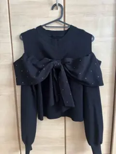 MAJESTIC LEGON オフショルダー リボン付き黒ニット