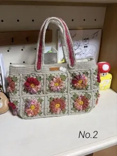 ハンドメイド 毛糸 手作り 立体バラ27輪 モチーフ トートバッグ 水色 1