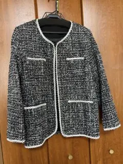 ノーカラー黒白ツイードジャケット