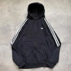 adidas アディダス ジップパーカー 古着 刺繍 L 黒 白 19586