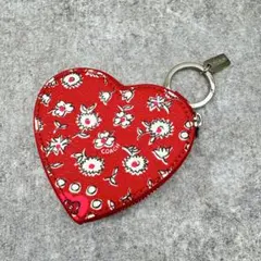 極美品　コーチ ハート コインケース 花柄 レザー キーリング付　バッグチャーム