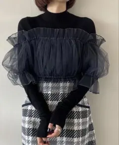 snidel チュールオフショルドッキングニットプルオーバー