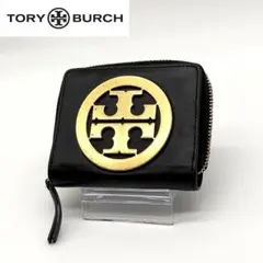 【極美品】 Tory Burch 二つ折り財布 レザー デカロゴ ブラック 黒