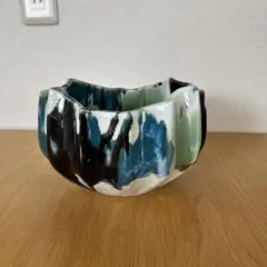 昭和レトロ　希少 有田焼　光風作 波状デザイン 陶器 花瓶 黒 青