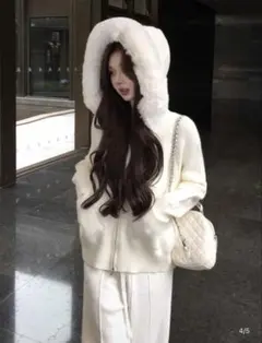 SHEIN フード　ファー付き　ニット　アウター　ホワイト