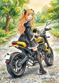 1771森の林道とドゥカティスクランブラー水彩画ツインテール美少女