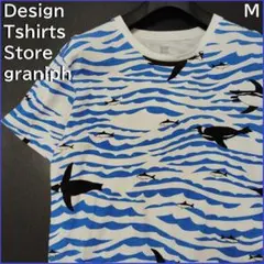 デザインティーショーツストアグラニフ ペンギン 総柄 半袖 Tシャツ M 青