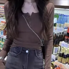 【新品】※洗濯済 SHEIN ブラウン リブ長袖トップス Sサイズ