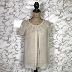 COMME CA ISM　（M）　シースルーボーダー半袖ブラウス　白ベージュ