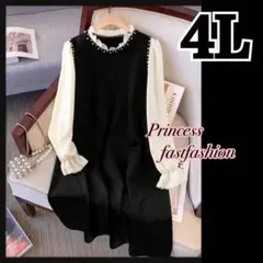 【4L】フォーマルにも♪フリル＆パール ストレッチ ワンピース 大きいサイズ