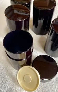 黒色円筒形茶筒6個セット紅緋色 中蓋付き　お茶、調味料いり