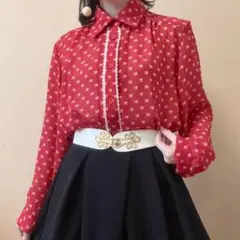 デザインドット柄 花レース ブラウス 昭和レトロ ヴィンテージ 一点物 赤 白