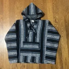 メキシカンパーカー　黒と青のストライプ　古着