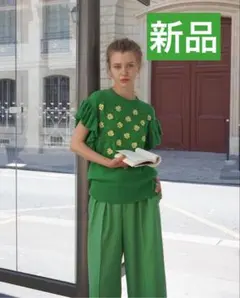 MUVEIL新品⭐️コット100%綿ビオラ刺繍ベストニットフラワー花柄ビーズ