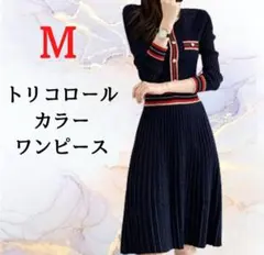 トリコロールカラー ワンピース ネイビー M 上品 マリンカラー プリーツ