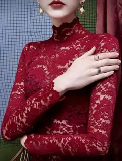 レース 長袖 トップス 赤　スタンドカラー　M