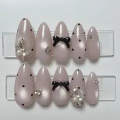 【現品】ネイルチップ 韓国風 マグネット シンプル リボン ドット パール 大人