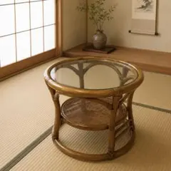ラタン調 センターテーブル ローテーブル ガラス天板 - メルカリ